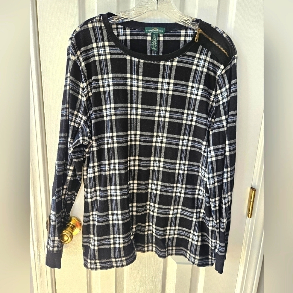 Lauren Ralph Lauren Shirt Womens 2X Black White Faux Suede Patches Zip